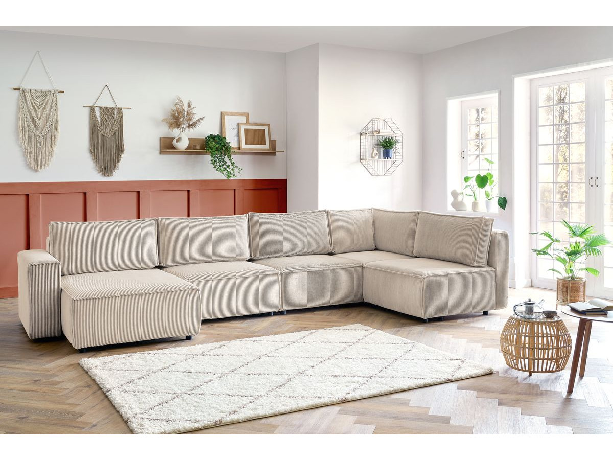 Canapé d'angle fixe modulable XL NIHAD tissu velours côtelé beige angle gauche BOBOCHIC 6 places - Vue supplémentaire 3