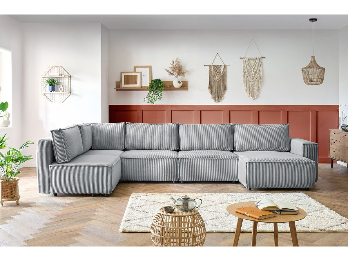 Canapé d'angle fixe modulable XL NIHAD tissu velours côtelé gris clair  angle droit BOBOCHIC 6 places - Vue supplémentaire 2