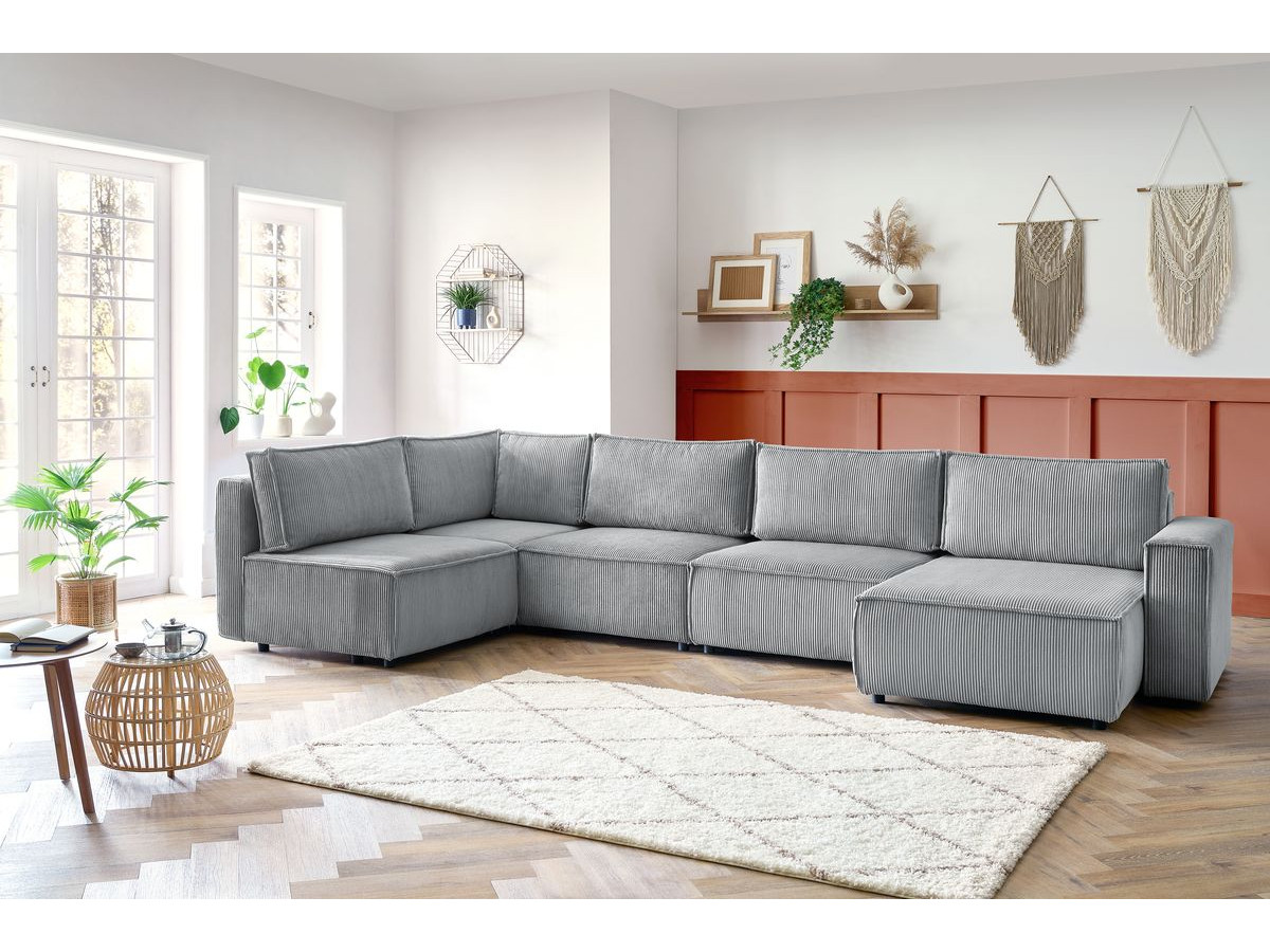 Canapé d'angle fixe modulable XL NIHAD tissu velours côtelé gris clair  angle droit BOBOCHIC 6 places - Vue supplémentaire 3