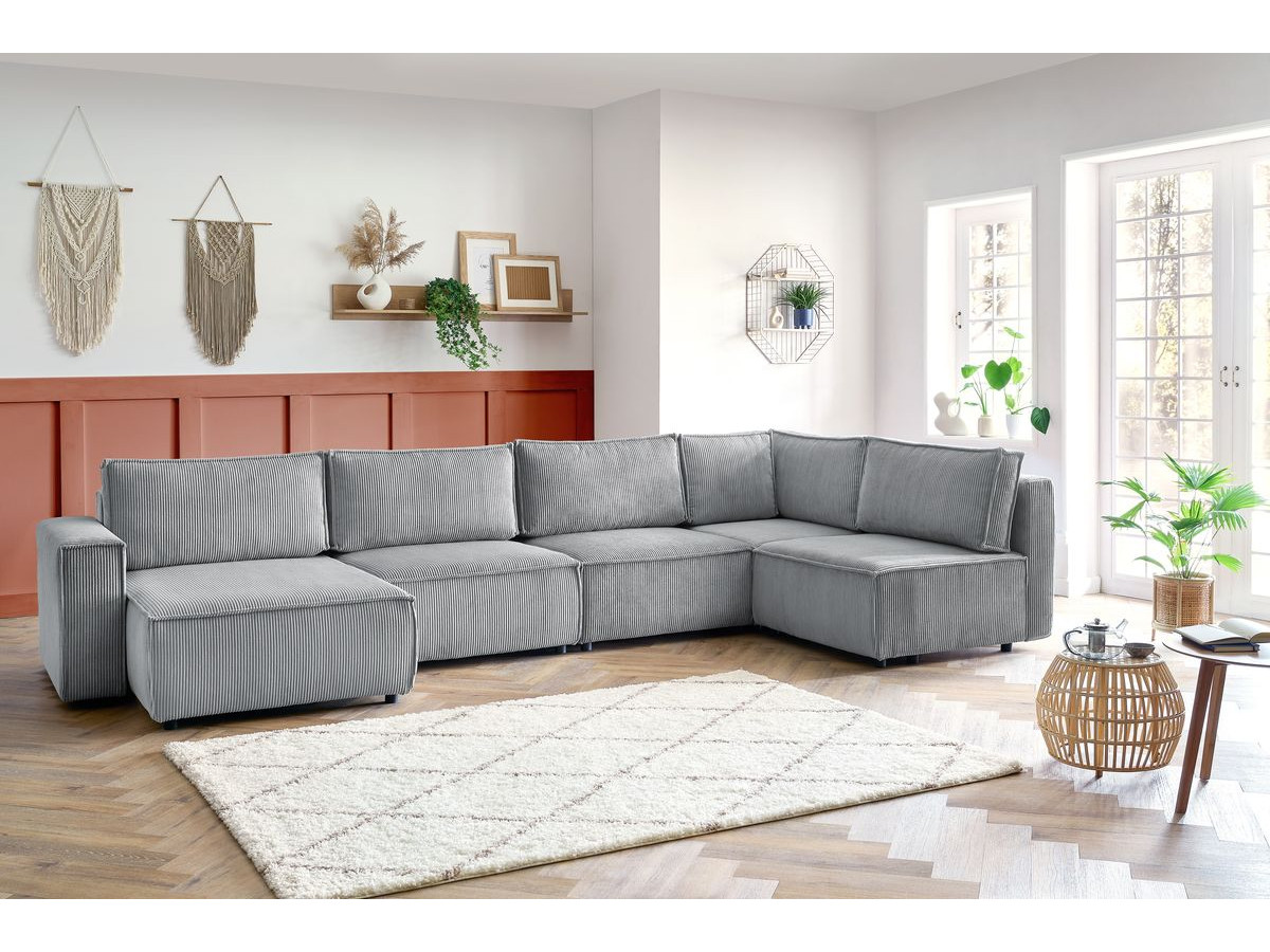 Canapé d'angle fixe modulable XL NIHAD tissu velours côtelé gris clair angle gauche BOBOCHIC 6 places - Vue supplémentaire 3