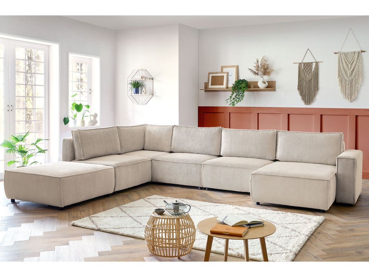 Canapé d'angle modulable XL NIHAD velours côtelé avec pouf beige — vue 5