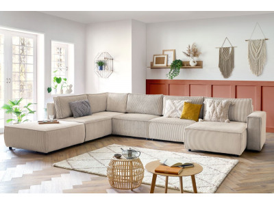 Canapé d'angle fixe modulable XL NIHAD tissu velours côtelé avec pouf