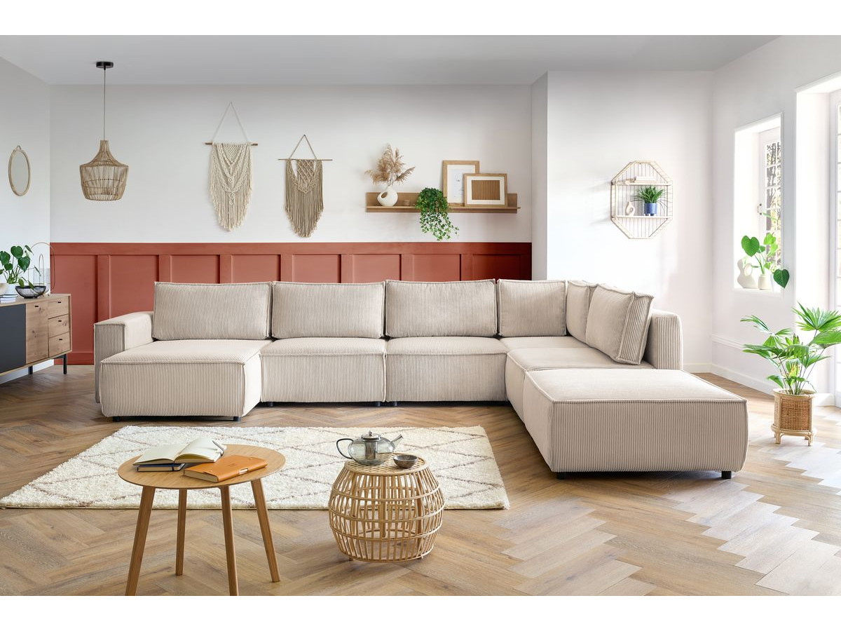 Canapé d'angle fixe modulable XL NIHAD tissu velours côtelé avec pouf