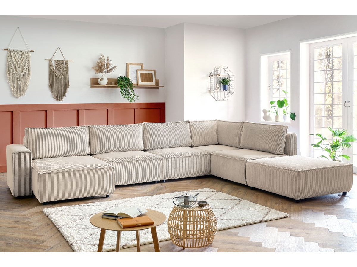 Canapé d'angle fixe modulable XL NIHAD tissu velours côtelé avec pouf beige angle gauche BOBOCHIC 7 places - Vue supplémentaire 3