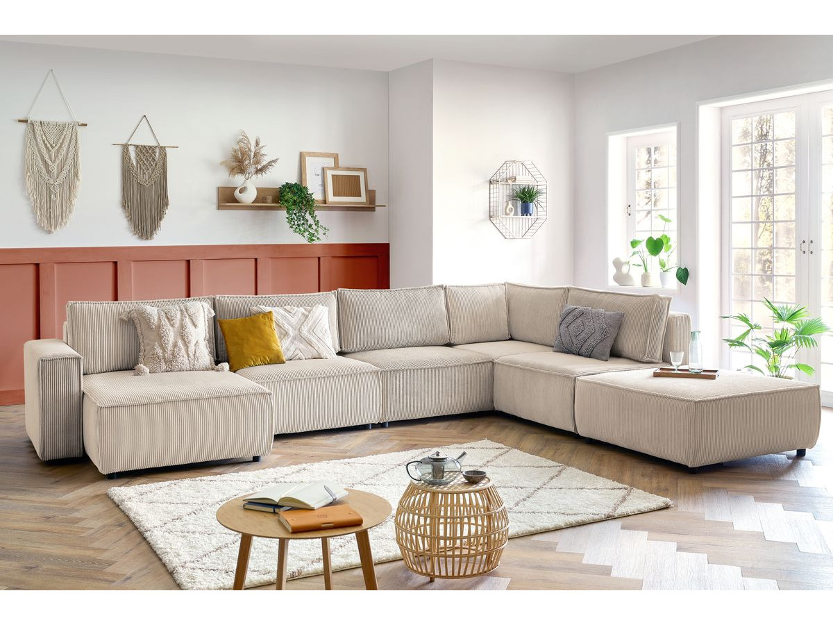 Canapé d'angle fixe modulable XL NIHAD tissu velours côtelé avec pouf