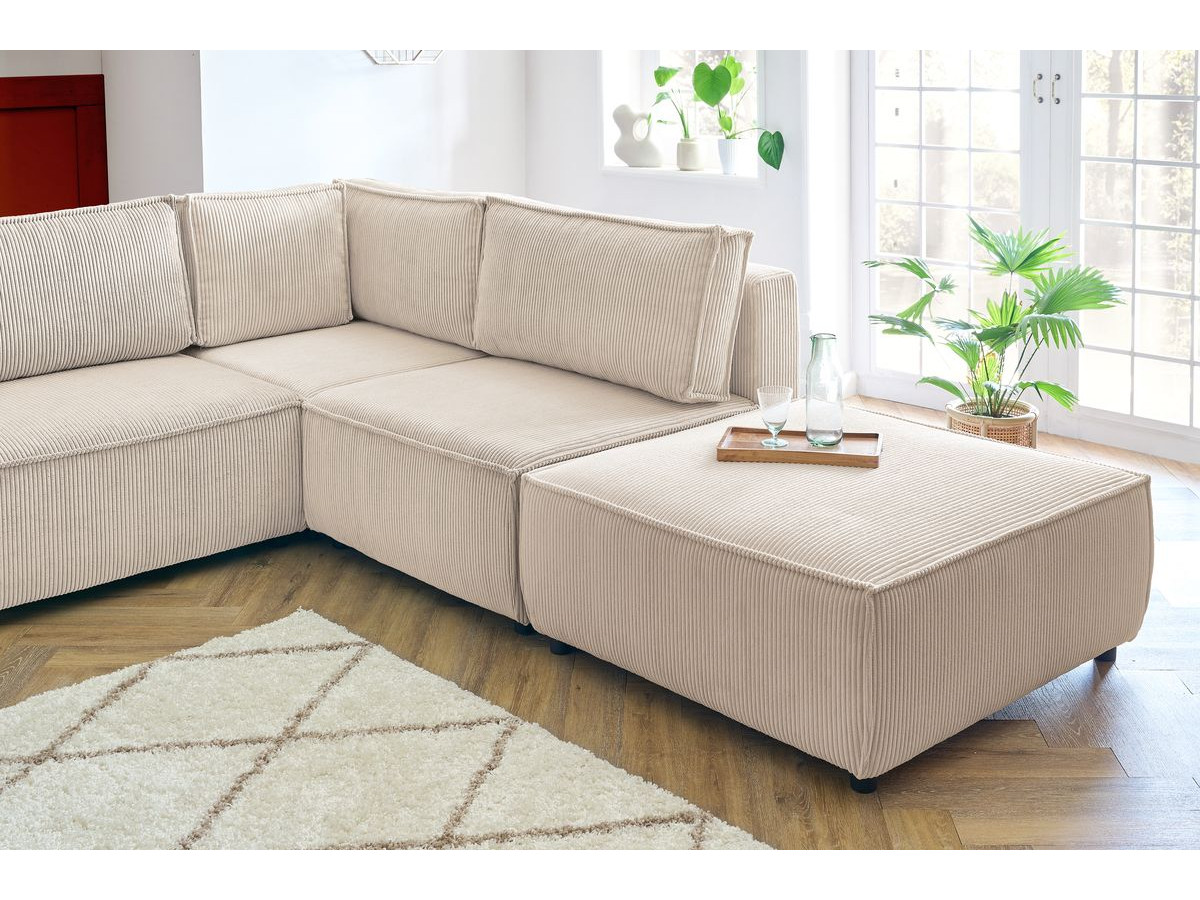 Canapé d'angle fixe modulable XL NIHAD tissu velours côtelé avec pouf
