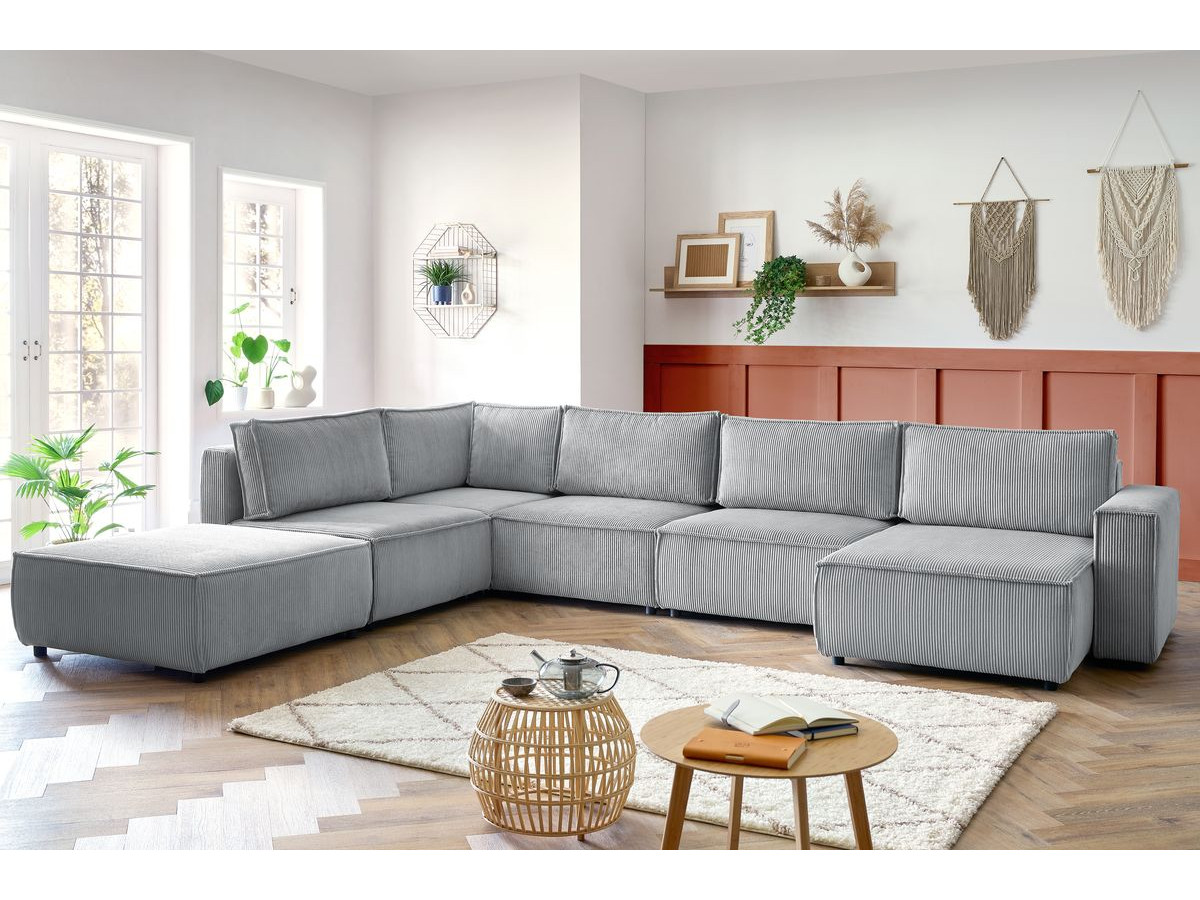 Canapé d'angle modulable XL NIHAD velours côtelé avec pouf gris clair — vue 5