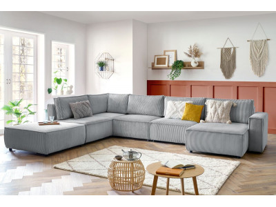 Canapé d'angle fixe modulable XL NIHAD tissu velours côtelé avec pouf