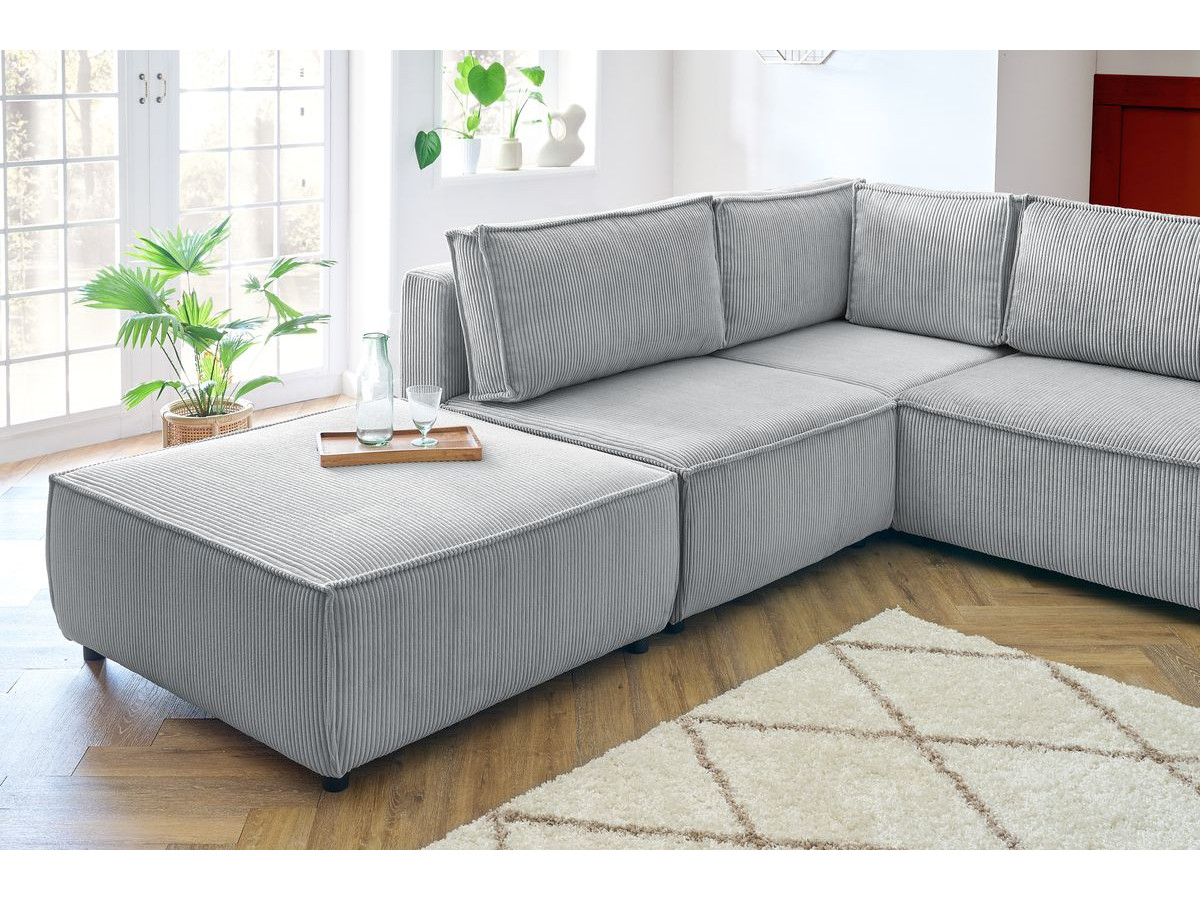 Canapé d'angle fixe modulable XL NIHAD tissu velours côtelé avec pouf