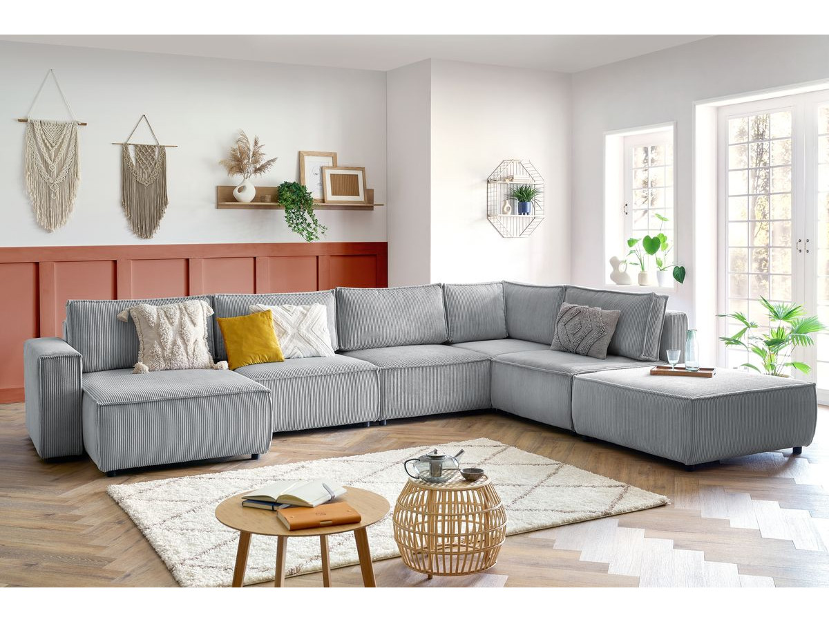Canapé d'angle fixe modulable XL NIHAD tissu velours côtelé avec pouf