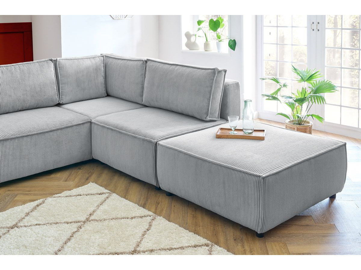 Canapé d'angle fixe modulable XL NIHAD tissu velours côtelé avec pouf