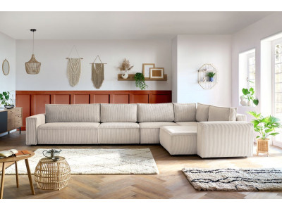 Canapé d'angle fixe modulable XL NIHAD tissu velours côtelé avec chauffeuse 2 places