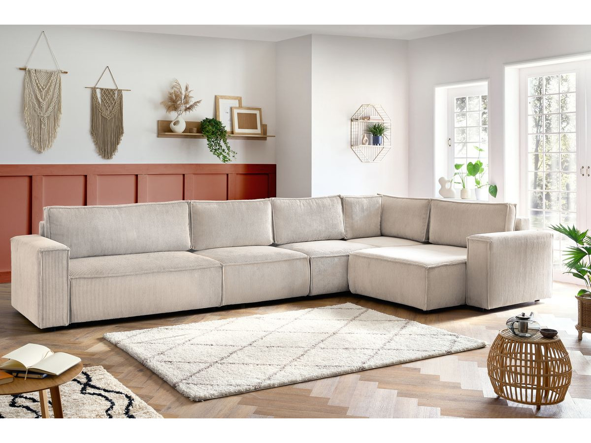 Canapé d'angle fixe modulable XL NIHAD tissu velours côtelé avec chauffeuse 2 places