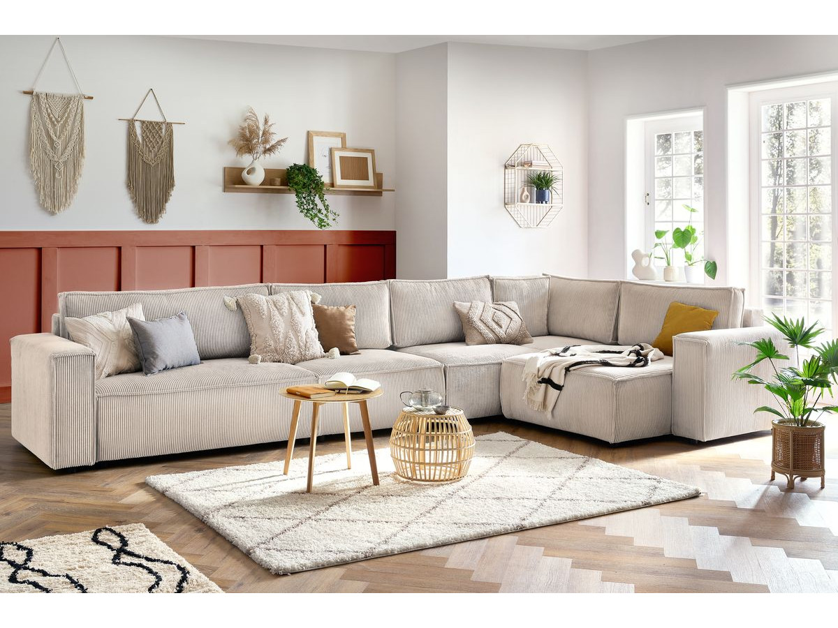 Canapé d'angle modulable XL NIHAD velours côtelé avec chauffeuse 2 places beige — vue 5