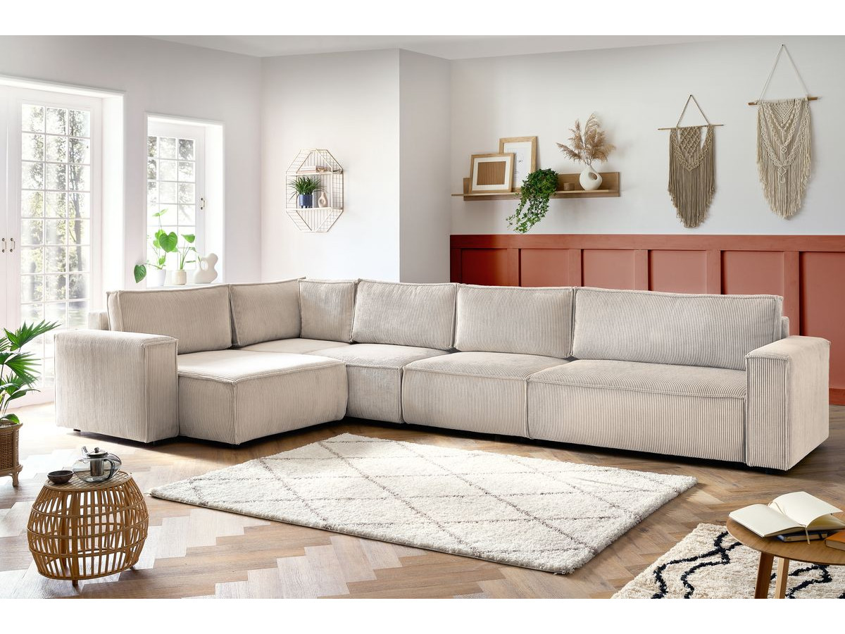 Canapé d'angle fixe modulable XL NIHAD tissu velours côtelé avec chauffeuse 2 places beige angle gauche BOBOCHIC 6 places - Vue supplémentaire 3