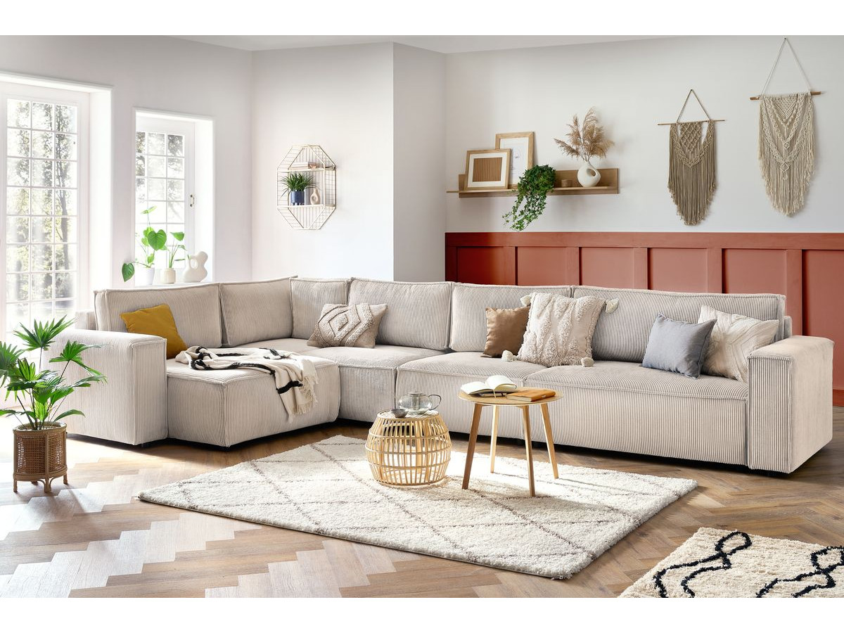 Canapé d'angle fixe modulable XL NIHAD tissu velours côtelé avec chauffeuse 2 places beige angle gauche BOBOCHIC 6 places - Vue supplémentaire 2