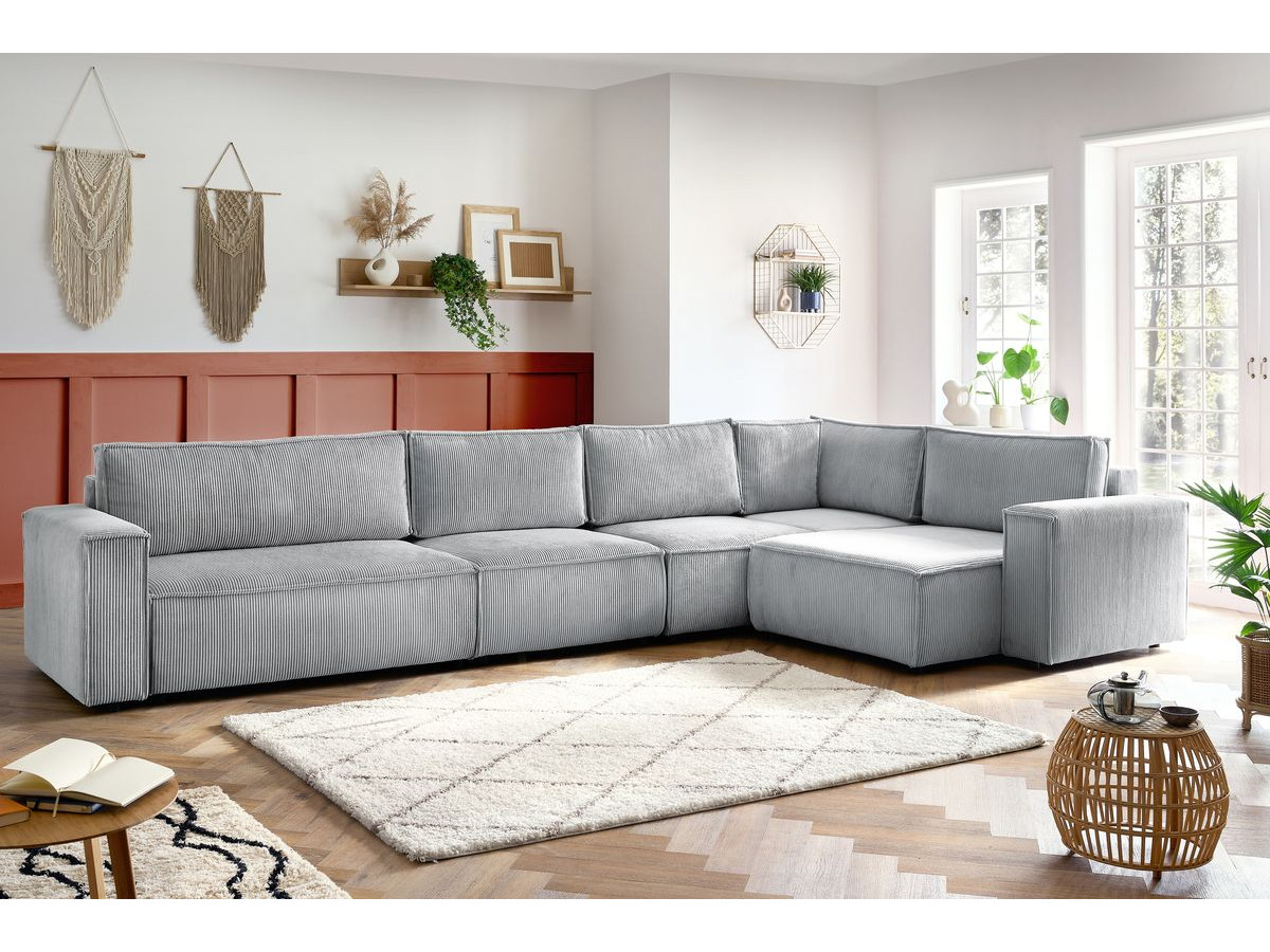 Canapé d'angle modulable XL NIHAD velours côtelé avec chauffeuse 2 places gris clair