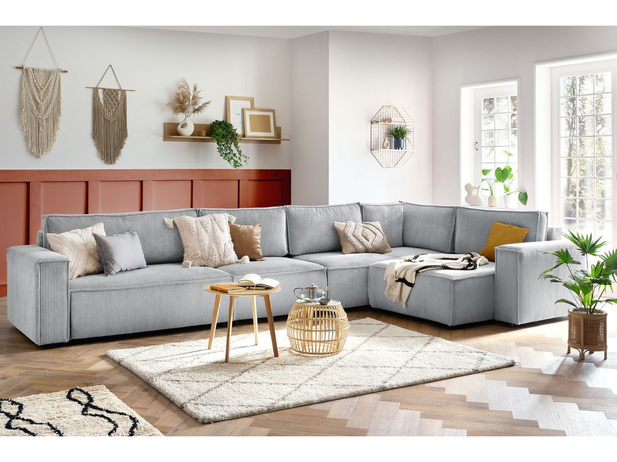 Canapé d'angle modulable XL NIHAD velours côtelé avec chauffeuse 2 places gris clair — vue 4