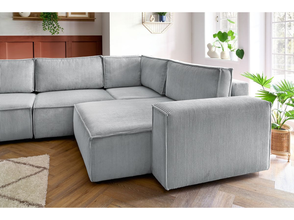 Canapé d'angle modulable XL NIHAD velours côtelé avec chauffeuse 2 places gris clair — vue 6