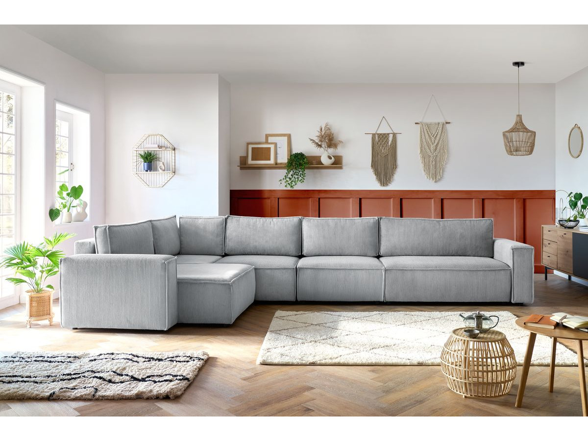 Canapé d'angle fixe modulable XL NIHAD tissu velours côtelé avec chauffeuse 2 places