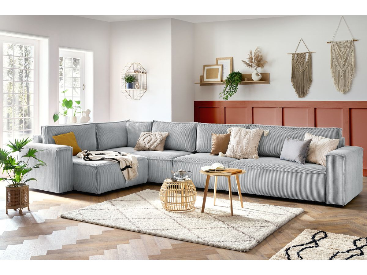 Canapé d'angle fixe modulable XL NIHAD tissu velours côtelé avec chauffeuse 2 places