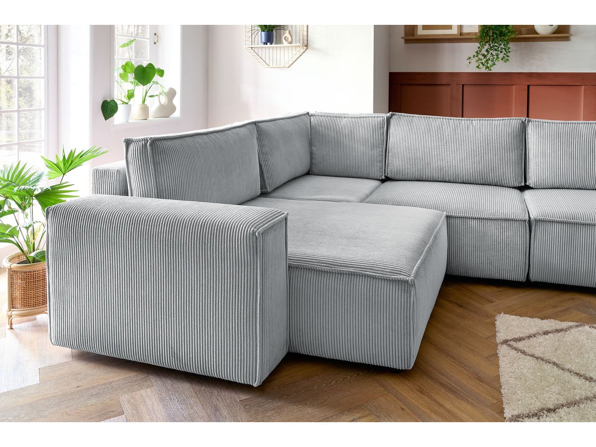 Canapé d'angle fixe modulable XL NIHAD tissu velours côtelé avec chauffeuse 2 places