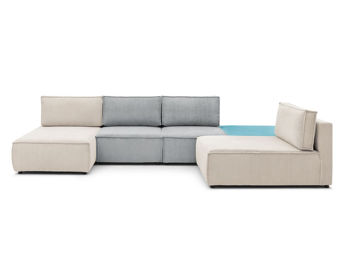 Canapé d'angle fixe 100% modulable NIHAD tissu velours côtelé 2 chauffeuses, 1 pouf et 2 méridiennes