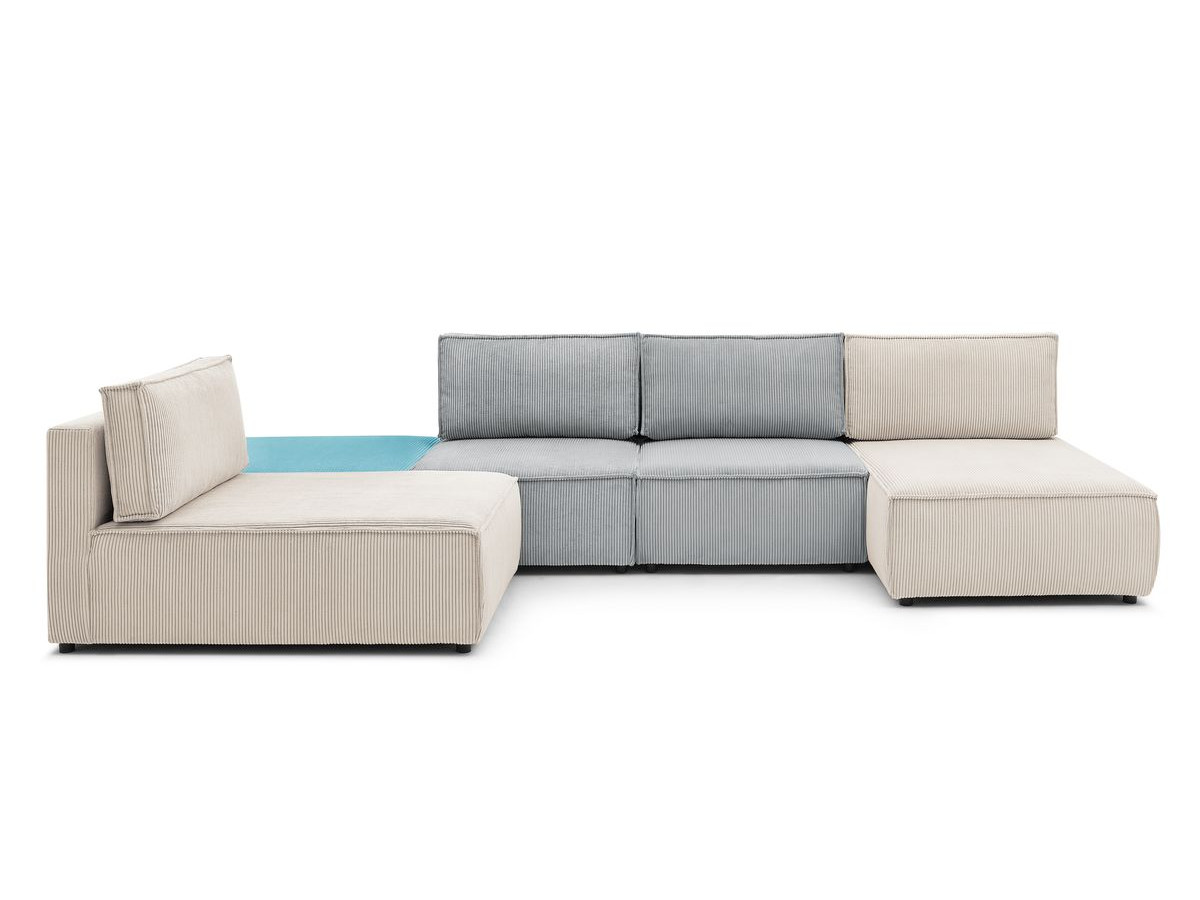 Canapé d'angle fixe 100% modulable NIHAD tissu velours côtelé 2 chauffeuses, 1 pouf et 2 méridiennes