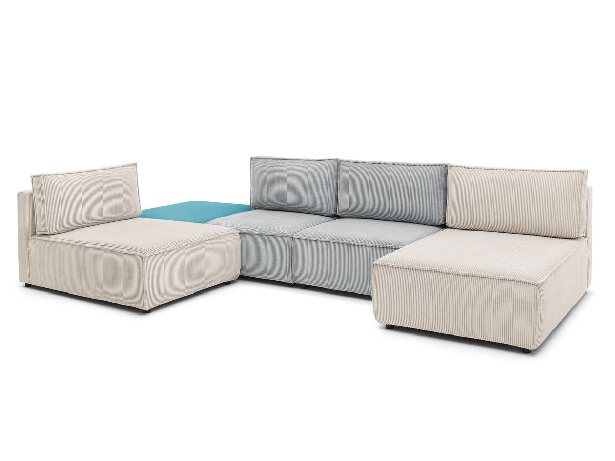 Canapé d'angle fixe 100% modulable NIHAD tissu velours côtelé 2 chauffeuses, 1 pouf et 2 méridiennes
