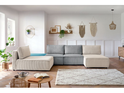 Canapé d'angle fixe 100% modulable NIHAD tissu velours côtelé 2 chauffeuses, 1 pouf et 2 méridiennes