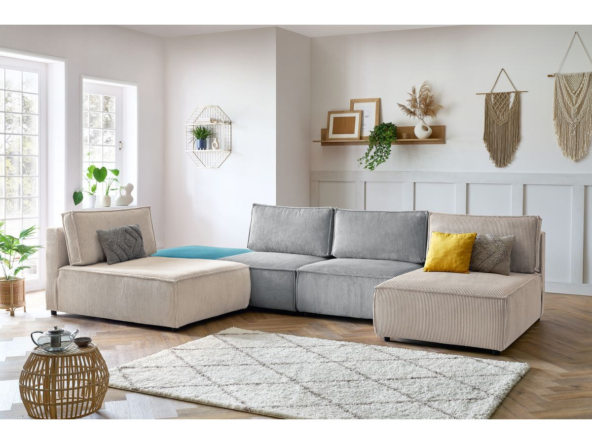 Canapé d'angle fixe 100% modulable NIHAD tissu velours côtelé 2 chauffeuses, 1 pouf et 2 méridiennes