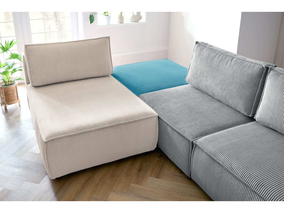 Canapé d'angle fixe 100% modulable NIHAD tissu velours côtelé 2 chauffeuses, 1 pouf et 2 méridiennes