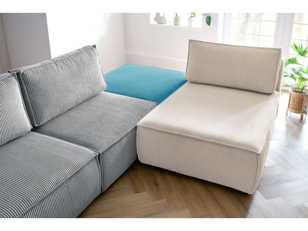 Canapé d'angle fixe 100% modulable NIHAD tissu velours côtelé 2 chauffeuses, 1 pouf et 2 méridiennes