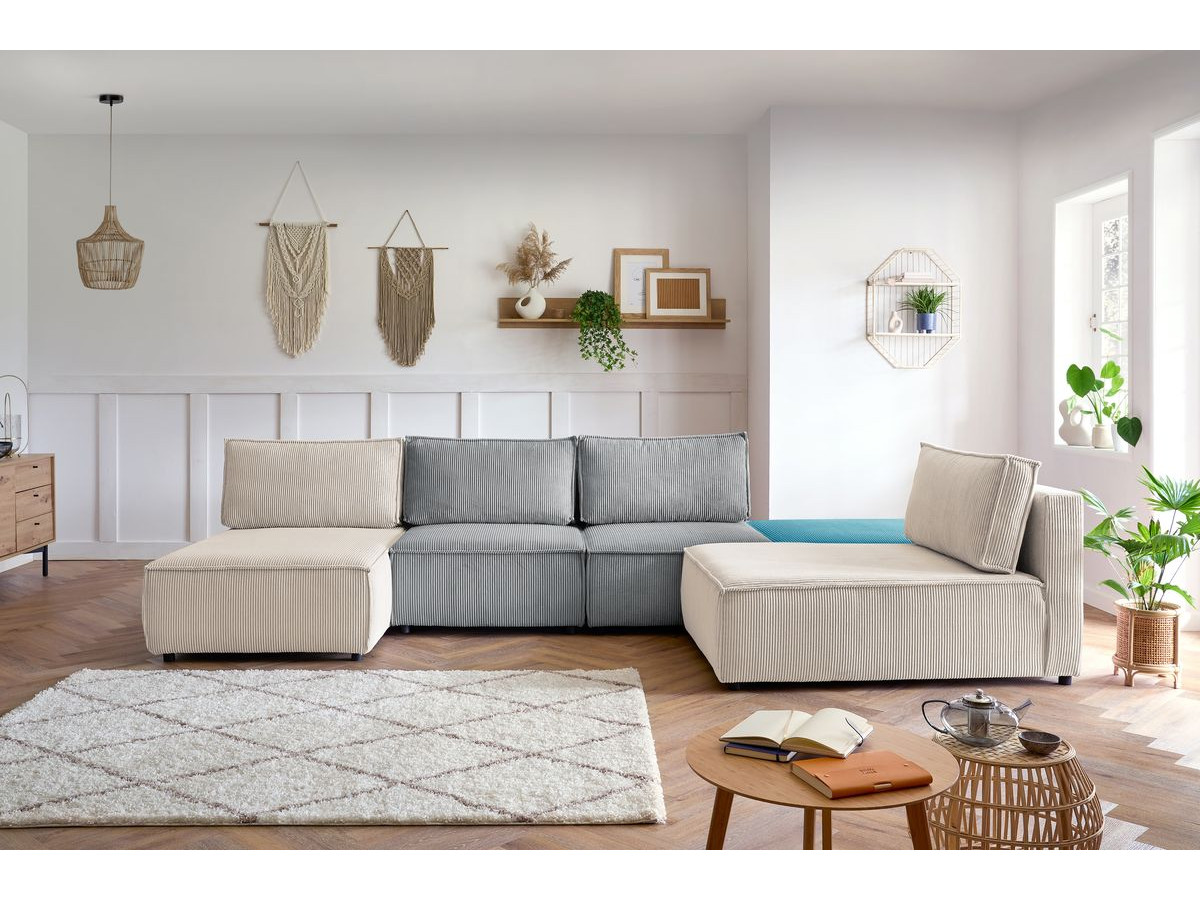 Canapé d'angle fixe 100% modulable NIHAD tissu velours côtelé 2 chauffeuses, 1 pouf et 2 méridiennes