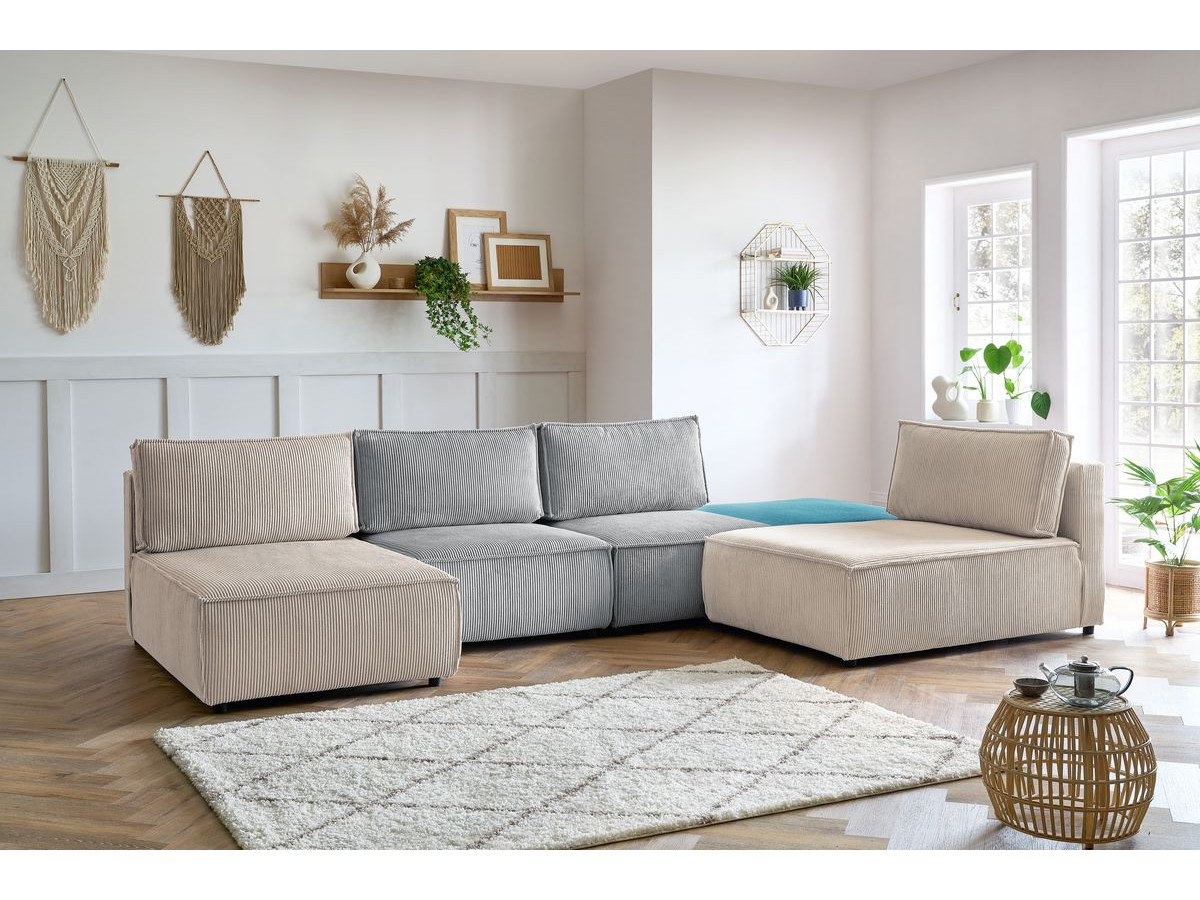 Canapé d'angle fixe 100% modulable NIHAD tissu velours côtelé 2 chauffeuses, 1 pouf et 2 méridiennes