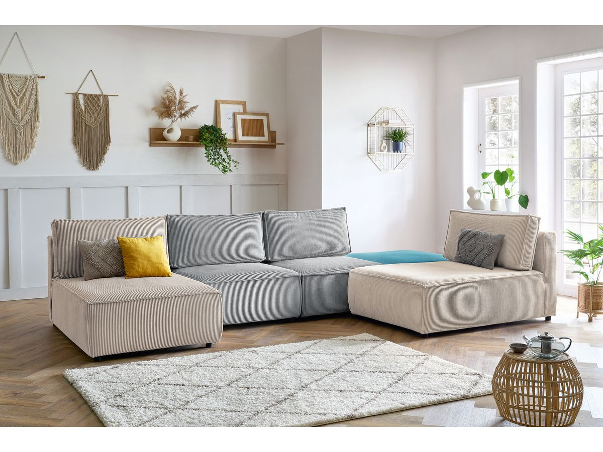 Canapé d'angle fixe 100% modulable NIHAD tissu velours côtelé 2 chauffeuses, 1 pouf et 2 méridiennes