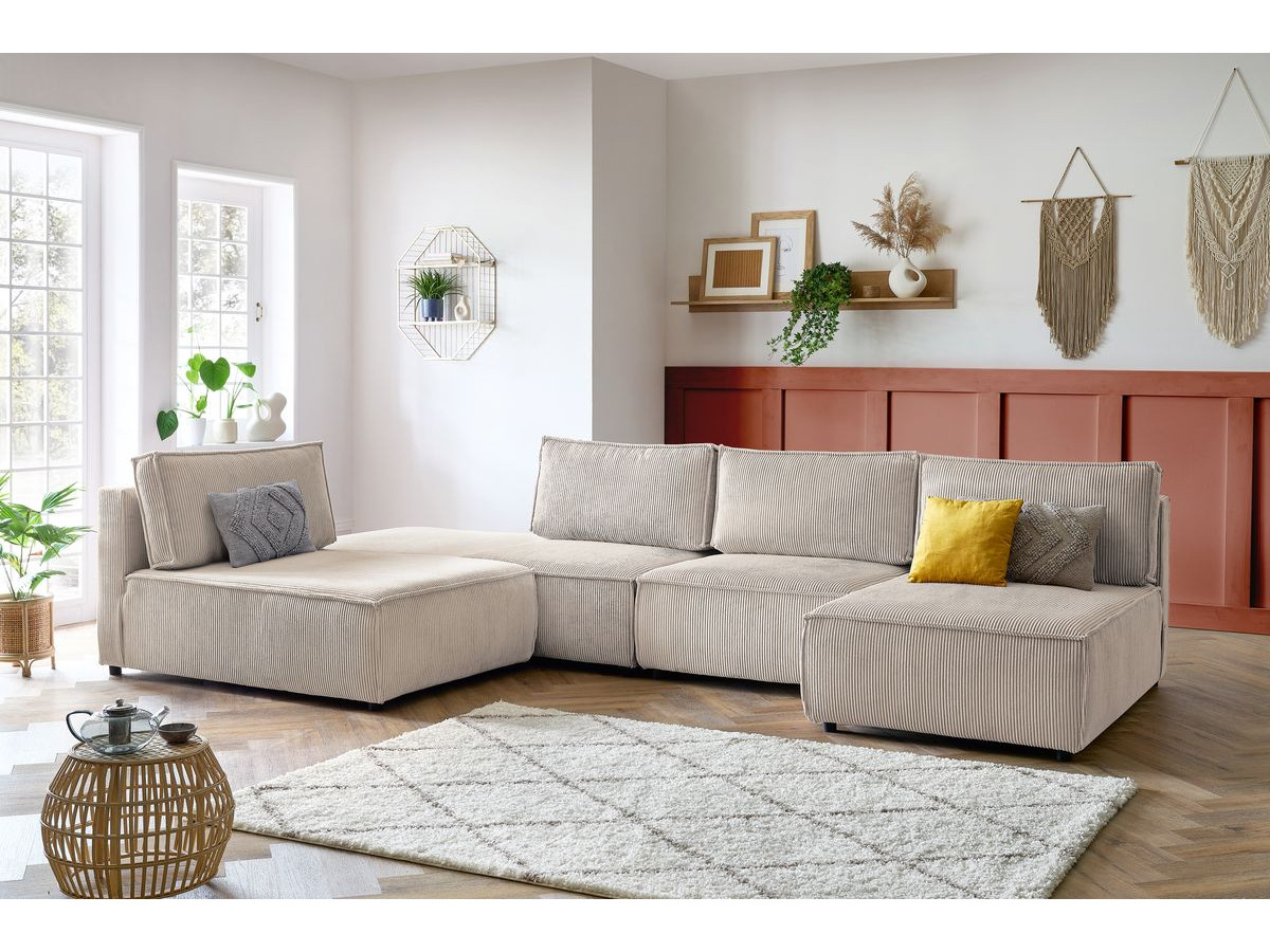 Canapé d'angle fixe 100% modulable NIHAD tissu velours côtelé 2 chauffeuses, 1 pouf et 2 méridiennes