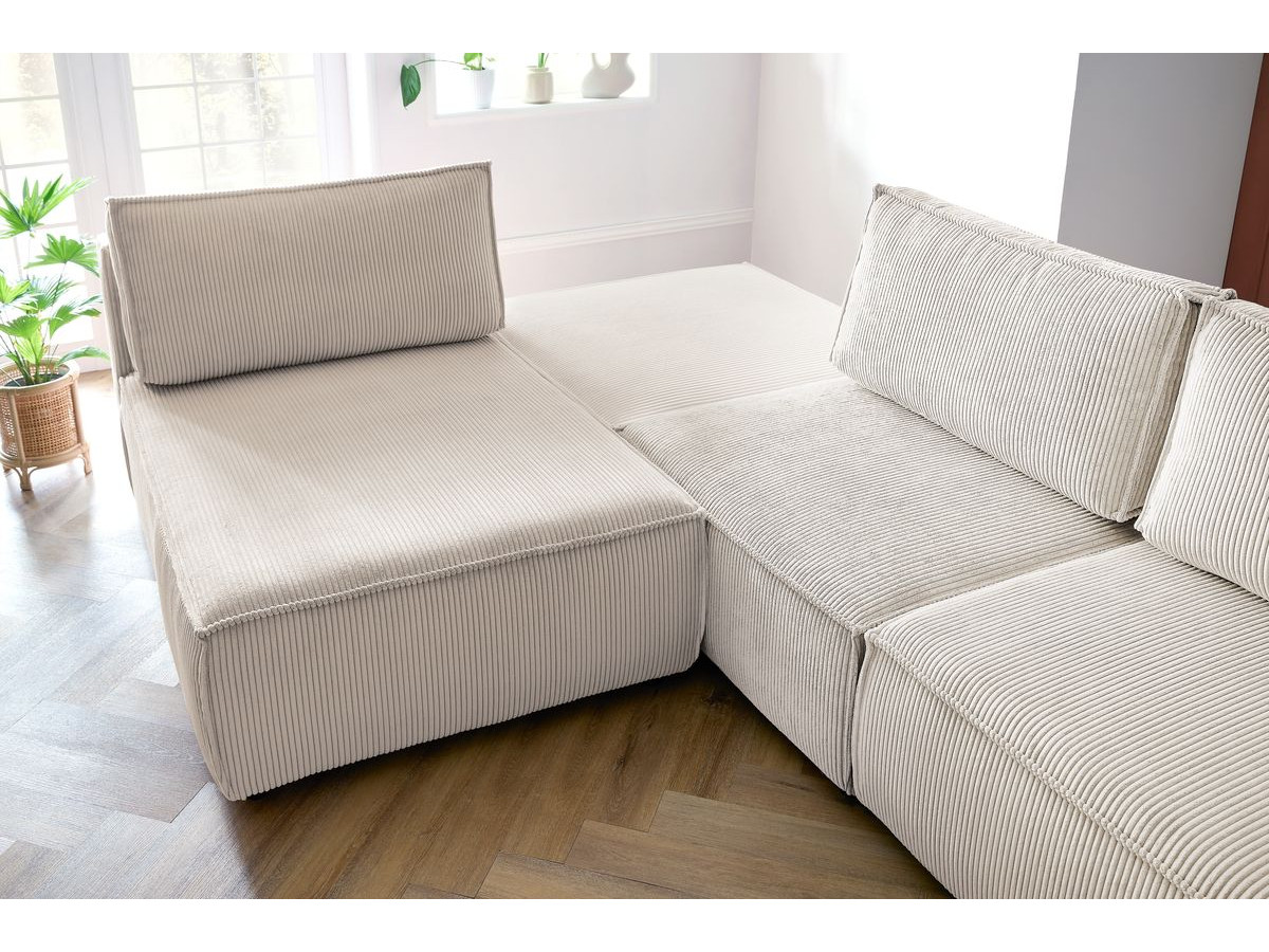 Canapé d'angle fixe 100% modulable NIHAD tissu velours côtelé 2 chauffeuses, 1 pouf et 2 méridiennes