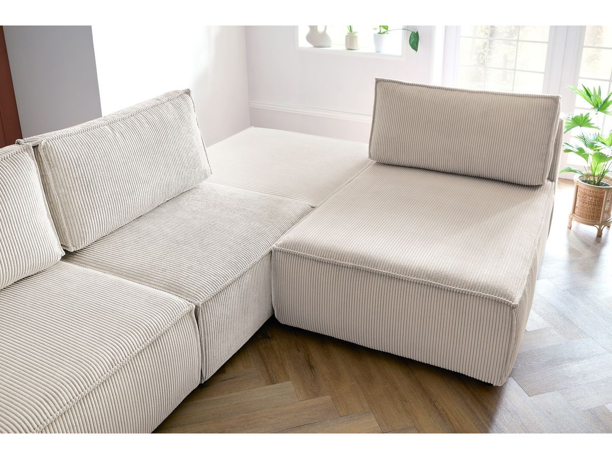 Canapé d'angle fixe 100% modulable NIHAD tissu velours côtelé 2 chauffeuses, 1 pouf et 2 méridiennes