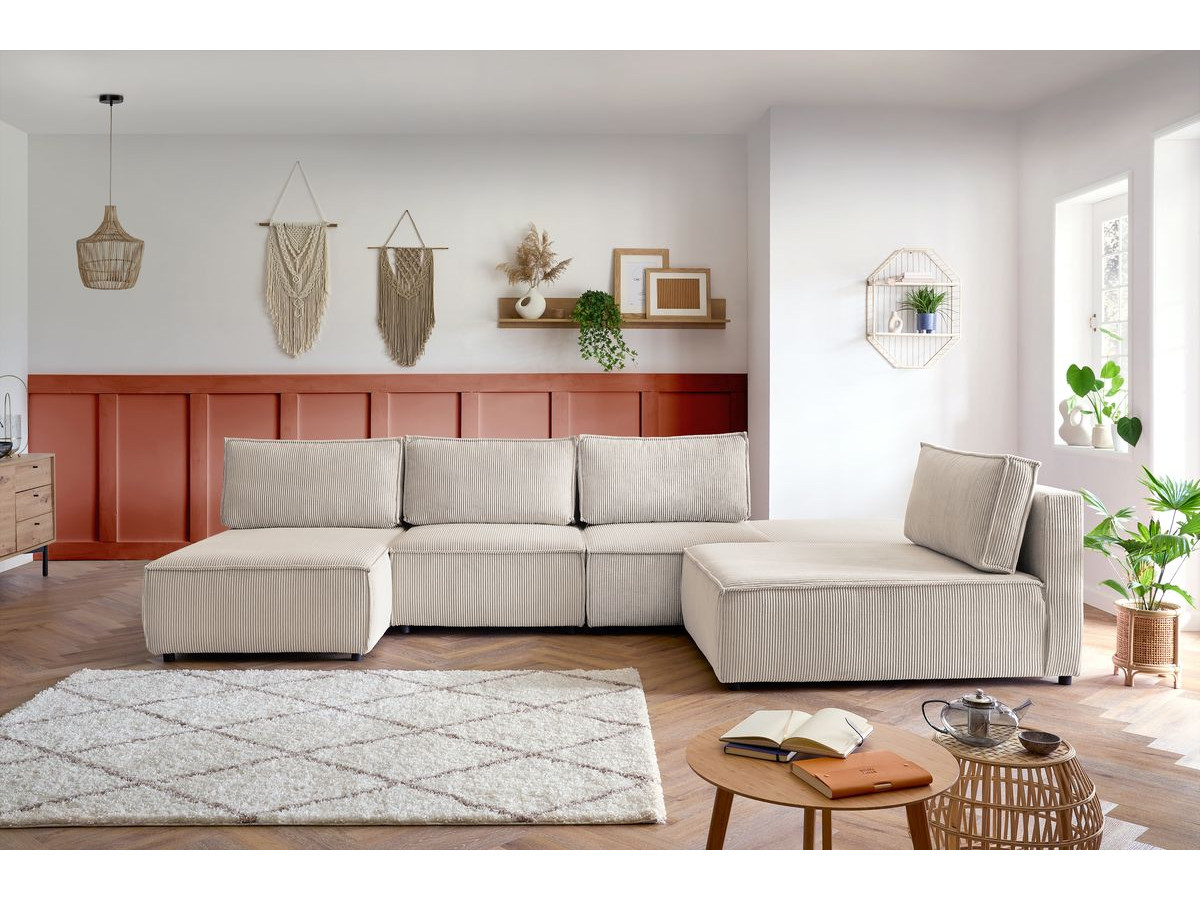Canapé d'angle fixe 100% modulable NIHAD tissu velours côtelé 2 chauffeuses, 1 pouf et 2 méridiennes