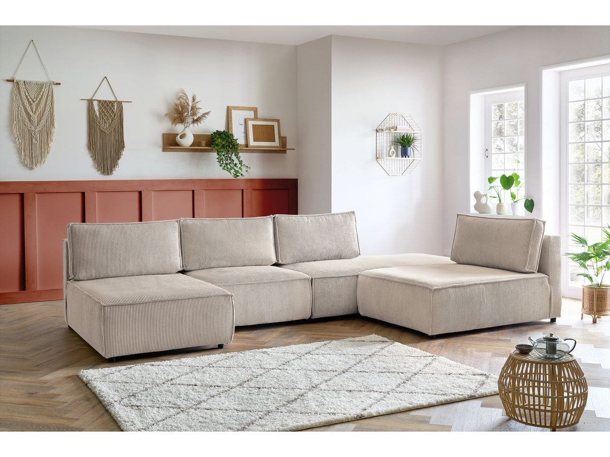 Canapé d'angle fixe 100% modulable NIHAD tissu velours côtelé 2 chauffeuses, 1 pouf et 2 méridiennes