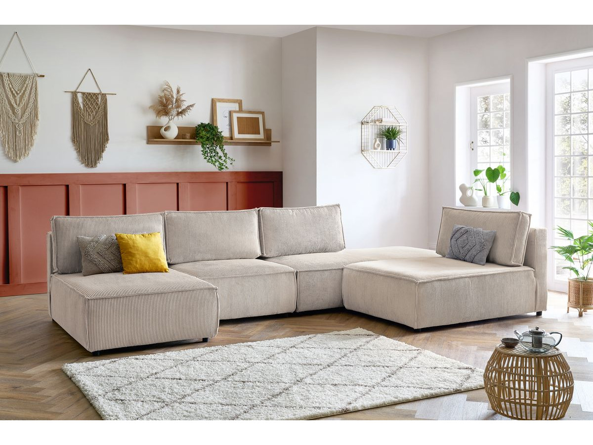 Canapé d'angle fixe 100% modulable NIHAD tissu velours côtelé 2 chauffeuses, 1 pouf et 2 méridiennes