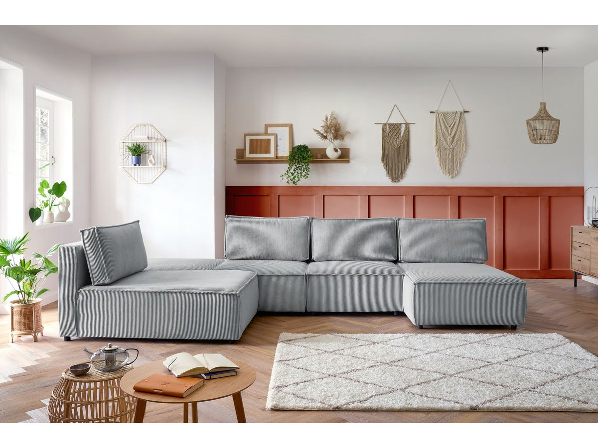 Canapé d'angle fixe 100% modulable NIHAD tissu velours côtelé 2 chauffeuses, 1 pouf et 2 méridiennes