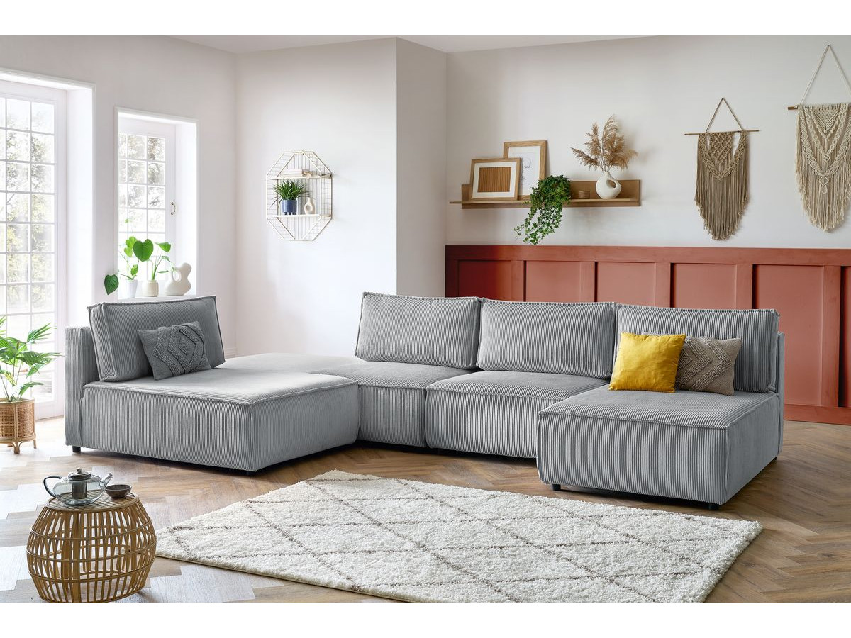Canapé d'angle fixe 100% modulable NIHAD tissu velours côtelé 2 chauffeuses, 1 pouf et 2 méridiennes