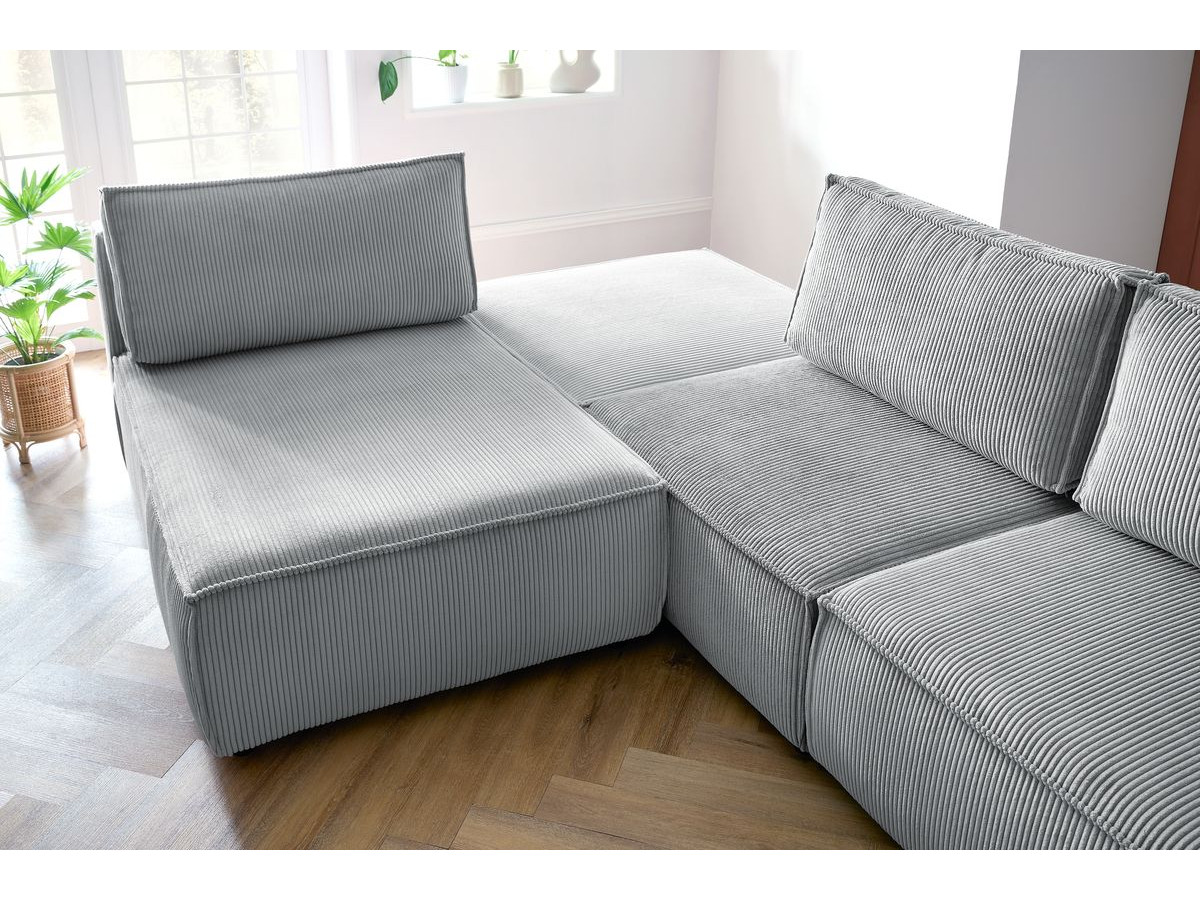 Canapé d'angle fixe 100% modulable NIHAD tissu velours côtelé 2 chauffeuses, 1 pouf et 2 méridiennes