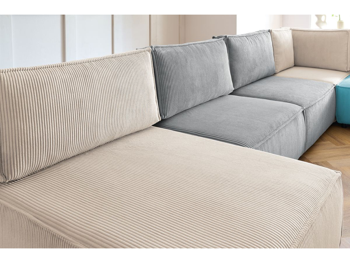 Canapé d'angle fixe 100% modulable NIHAD tissu velours côtelé 3 chauffeuses, 1 angle et 1 méridienne