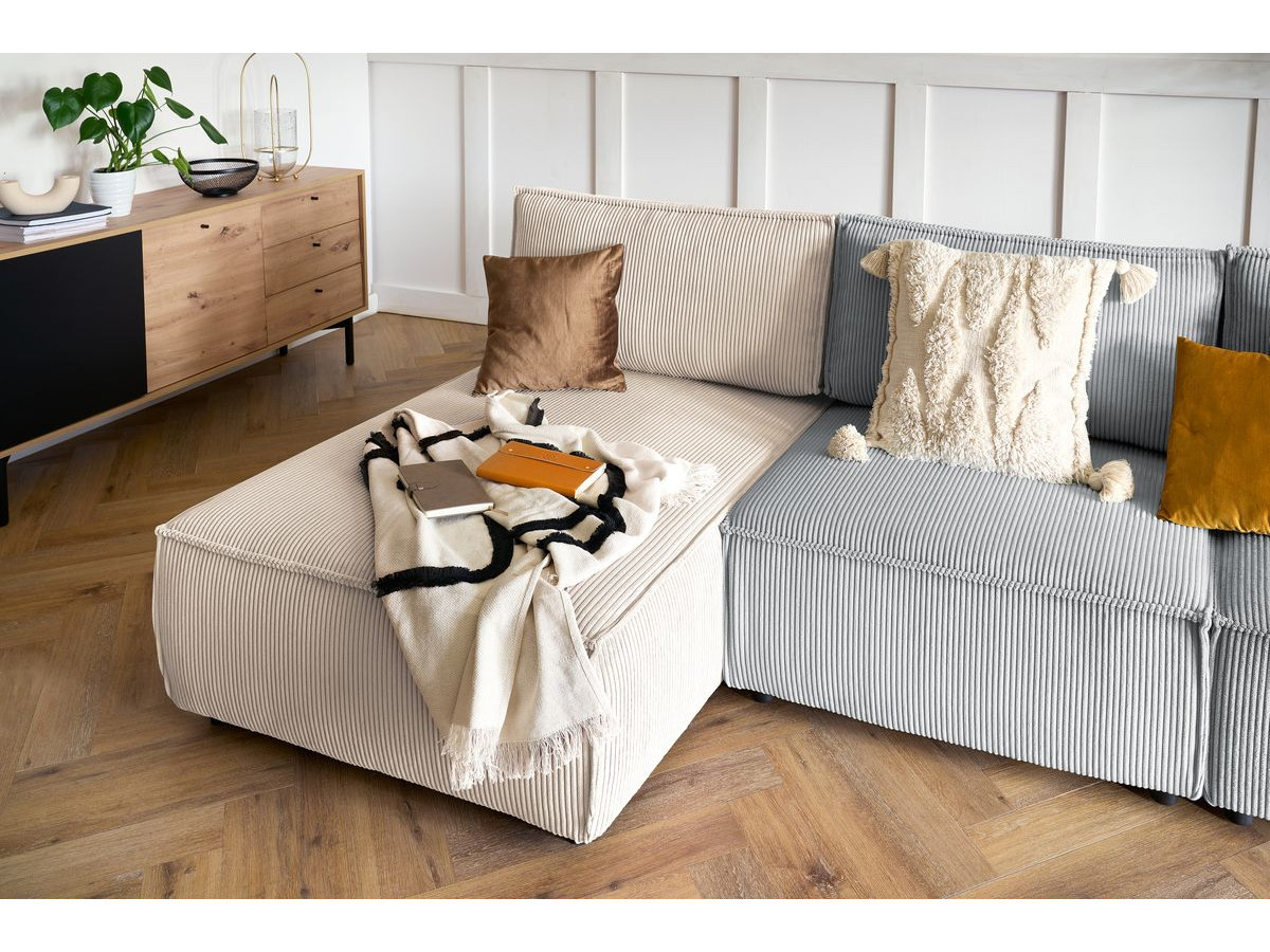 Canapé d'angle fixe 100% modulable NIHAD tissu velours côtelé 3 chauffeuses, 1 angle et 1 méridienne