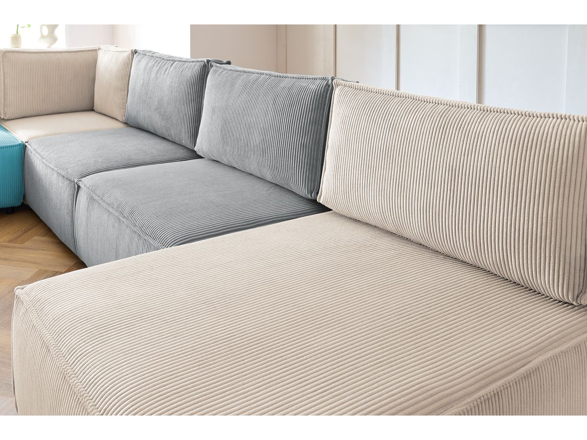 Canapé d'angle fixe 100% modulable NIHAD tissu velours côtelé 3 chauffeuses, 1 angle et 1 méridienne