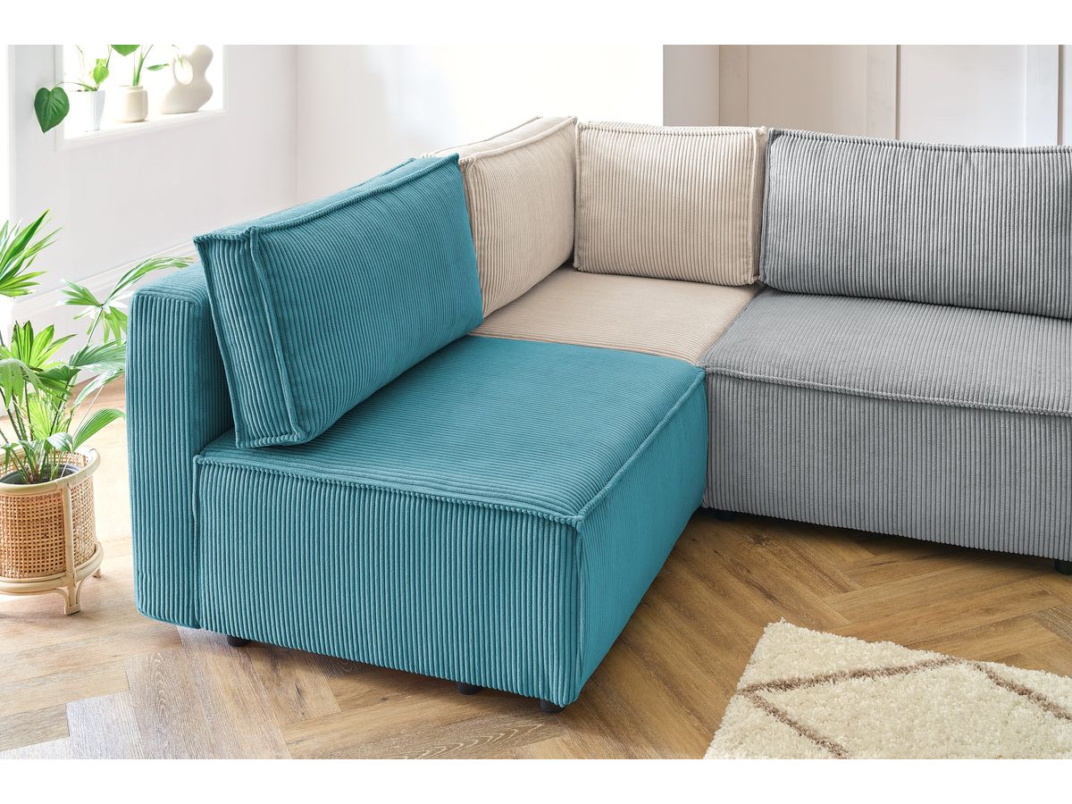 Canapé d'angle fixe 100% modulable NIHAD tissu velours côtelé 3 chauffeuses, 1 angle et 1 méridienne