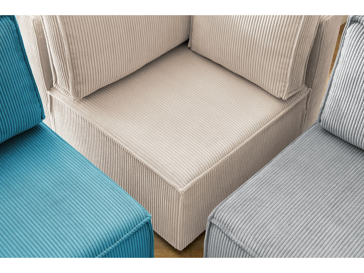 Canapé d'angle fixe 100% modulable NIHAD tissu velours côtelé 3 chauffeuses, 1 angle et 1 méridienne